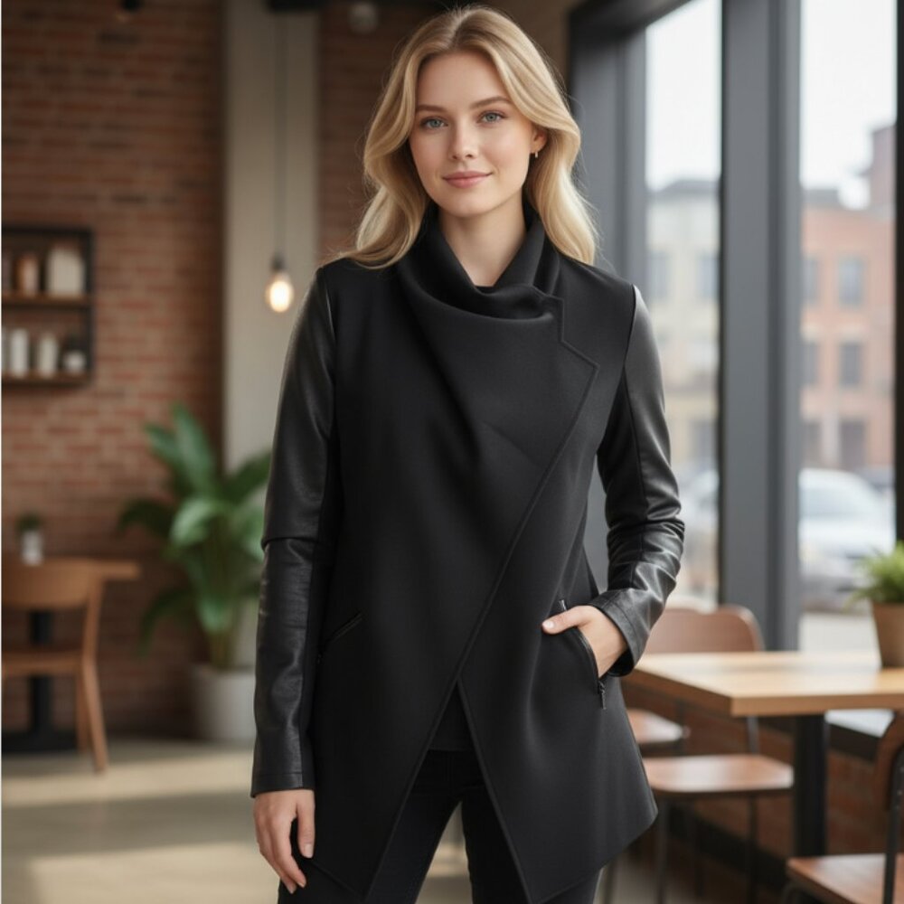 Womens Black Asymmetrical Coat with Faux Leather Sleeves